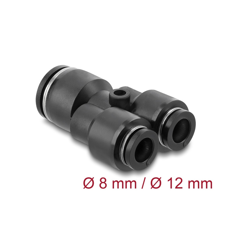 Delock Steckverbinder Pneumatik / Pneumatik Schnellsteckverbinder 2 x 8 mm zu 1 x 12 mm mit Befestigungsloch Y-Form