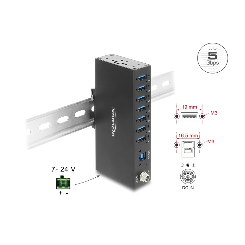 Delock Industrie Hub 7 x USB 5 Gbps Typ-A mit 8 kV ESD Schutz und Hutschienenbefestigung