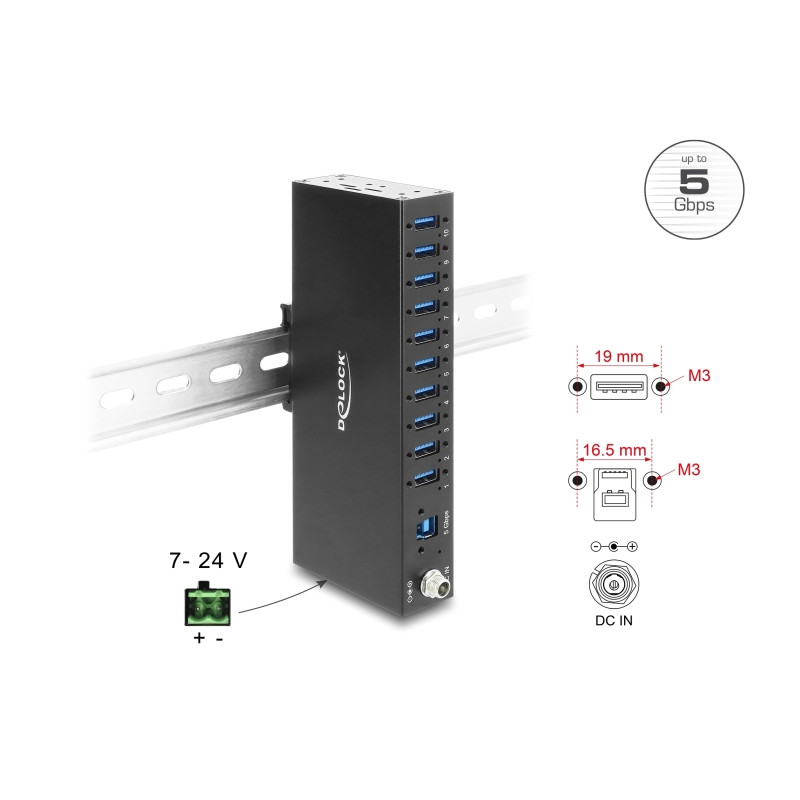 Delock Industrie Hub 10 x USB 5 Gbps Typ-A mit 8 kV ESD Schutz und Hutschienenbefestigung