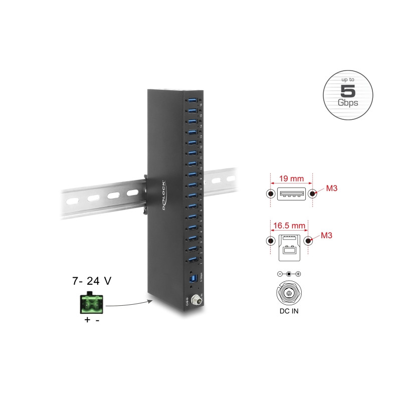 Delock Industrie Hub 16 x USB 5 Gbps Typ-A mit 8 kV ESD Schutz und Hutschienenbefestigung