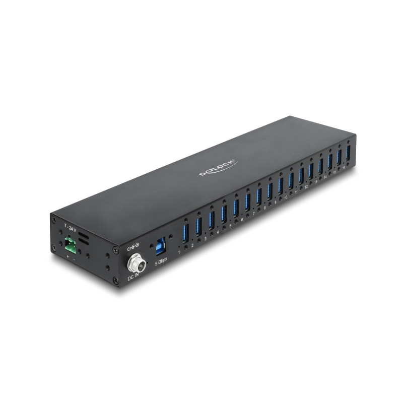 Delock Industrie Hub 16 x USB 5 Gbps Typ-A mit 8 kV ESD Schutz und Hutschienenbefestigung