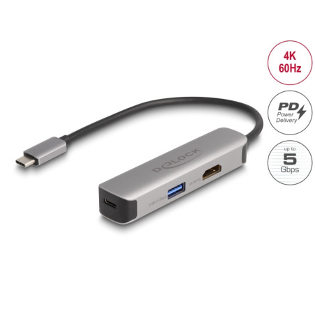 Delock USB Type-C™ Adapter zu HDMI 4K 60 Hz mit USB Typ-A und USB Type-C™ Daten + PD 92 W