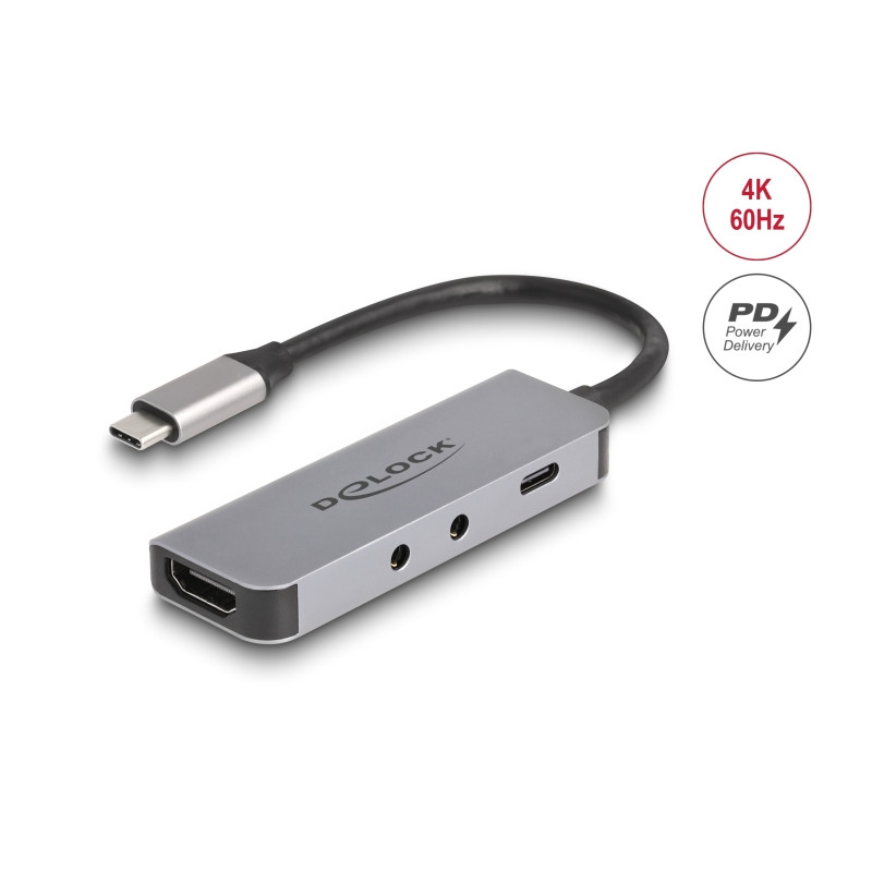 Delock USB Type-C™ Adapter zu HDMI 4K 60 Hz und Headset und Mikrofonschluss + USB Type-C™ PD 95 W
