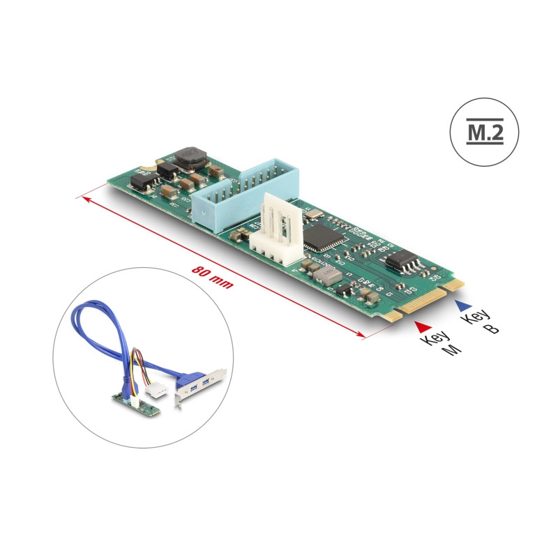 Delock Konverter M.2 Key B+M Stecker zu 2 x USB 5 Gbps Typ-A Buchse mit 50 cm Kabel