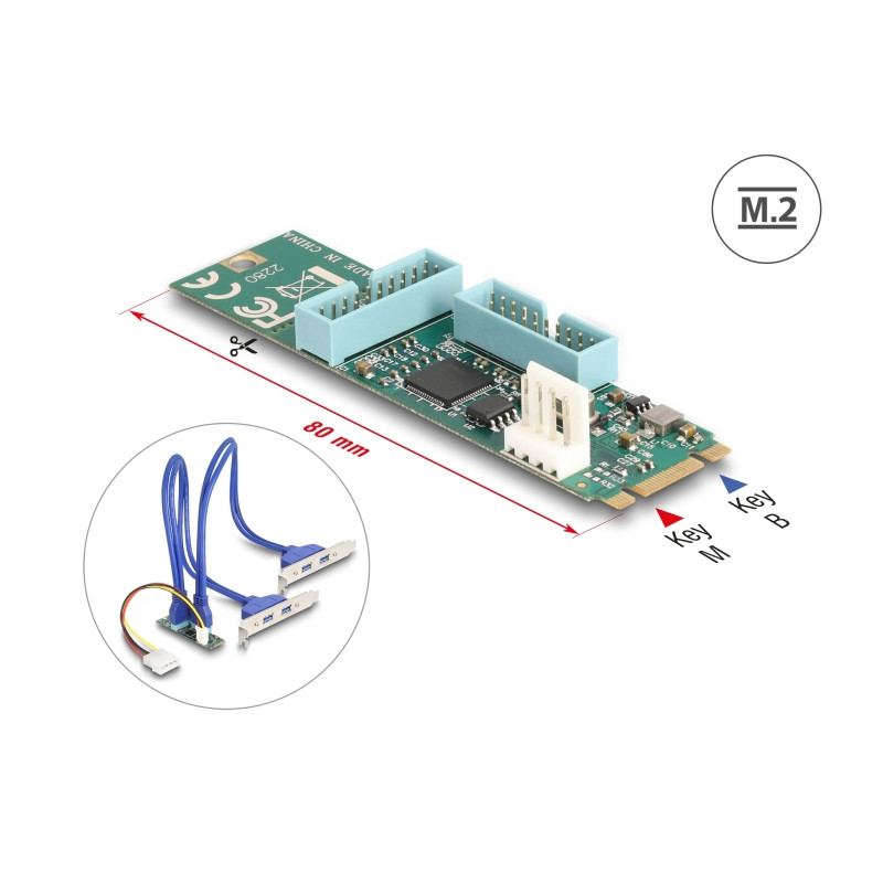 Delock Konverter M.2 Key B+M Stecker zu 4 x USB 5 Gbps Typ-A Buchse mit 50 cm Kabel