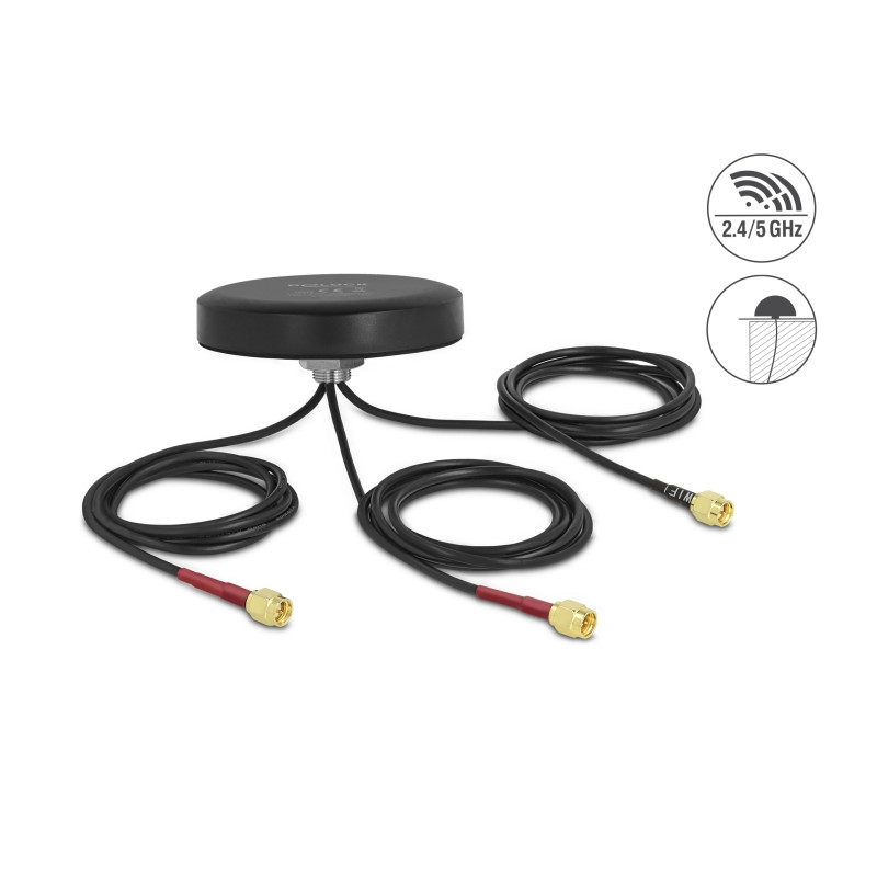 Delock LTE MIMO Dualband WLAN 802.11 ac/ax/a/h/b/g/n Antenne 3 x SMA Stecker RG-174 1 m Schraubmontage outdoor schwarz