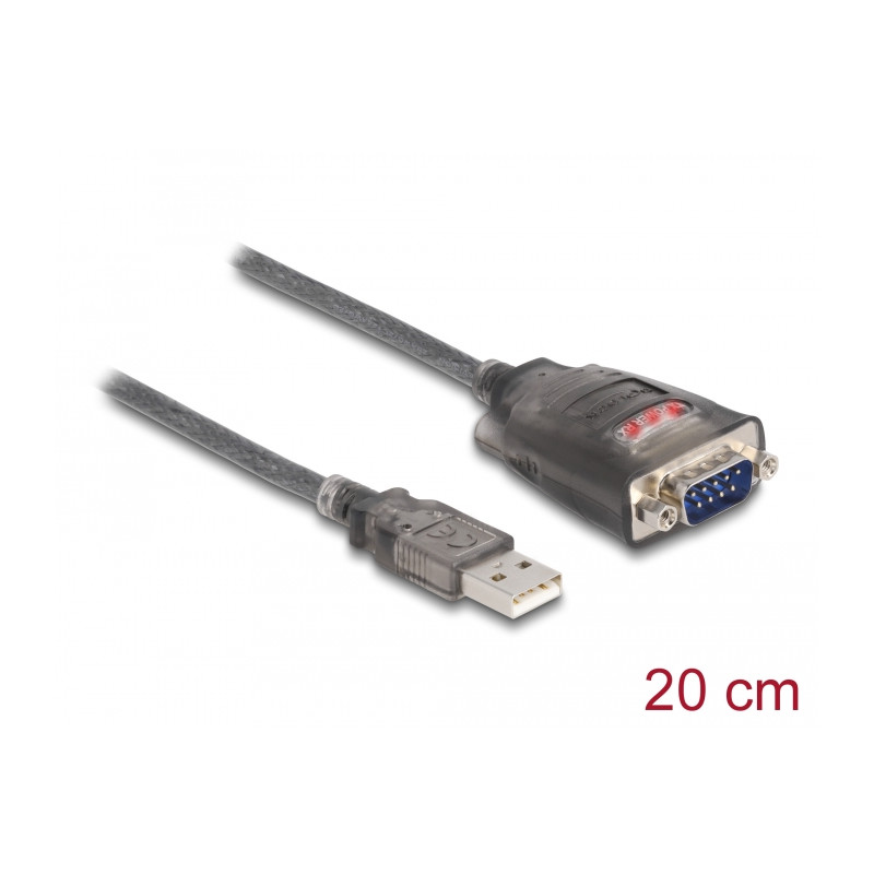 Delock Adapter USB 2.0 Typ-A zu 1 x Seriell RS-232 D-Sub 9 Pin Stecker mit Muttern mit 3 x LED 0,2 m