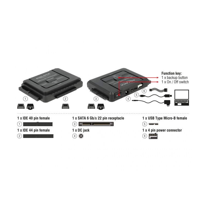 Delock Konverter USB 5 Gbps zu SATA 6 Gb/s / IDE 40 Pin / IDE 44 Pin mit Backup Funktion