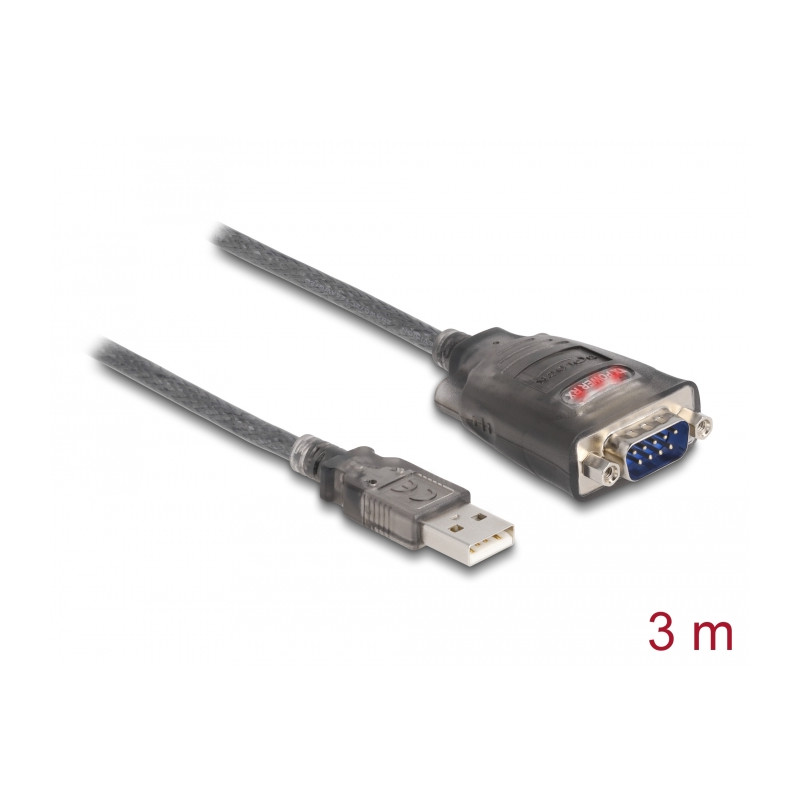 Delock Adapter USB 2.0 Typ-A zu 1 x Seriell RS-232 D-Sub 9 Pin Stecker mit Muttern mit 3 x LED 3 m