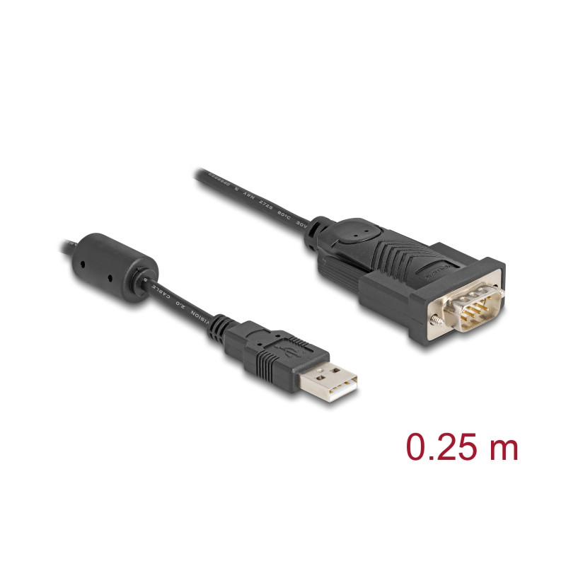 Delock Adapter USB 2.0 Typ-A zu 1 x Seriell RS-232 D-Sub 9 Pin Stecker mit Ferritkern 0,25 m