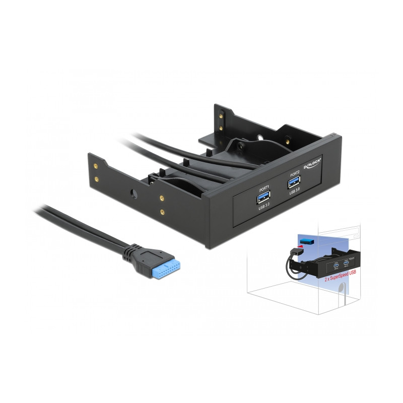Delock Front Panel 3.5″ / 5.25″ 2 Port USB 5 Gbps mit interner 19 Pin USB 5 Gbps Pfostenbuchse
