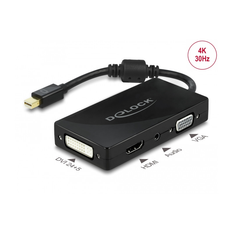 Delock Mini DisplayPort 1.2 Adapter zu VGA / HDMI / DVI / Audio Buchse 4K Passiv schwarz
