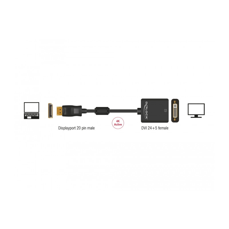 Delock Adapter DisplayPort 1.2 Stecker - DVI Buchse 4K Aktiv schwarz