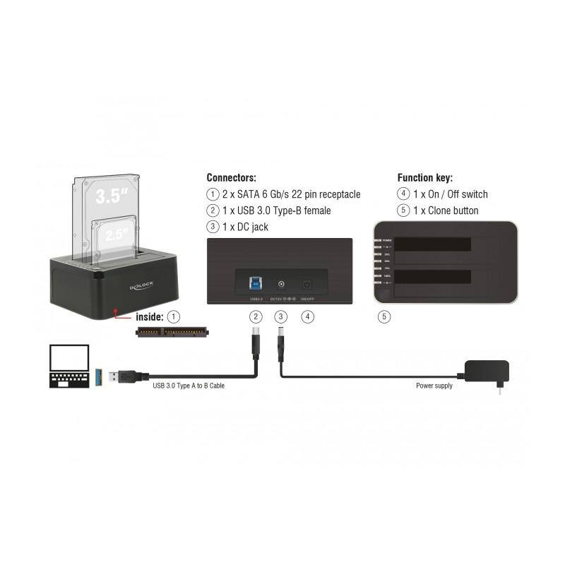 Delock USB 5 Gbps Dual Dockingstation für 2 x SATA HDD / SSD mit Klon Funktion