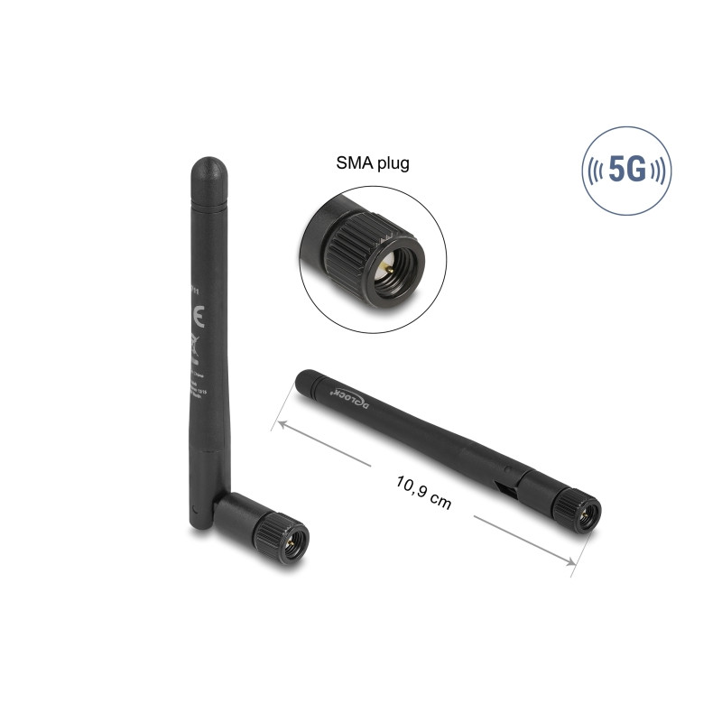 Delock 5G 3,3 - 5,0 GHz Antenne SMA Stecker -1,0 - 4,5 dBi 10,9 cm omnidirektional mit Kippgelenk und flexiblem Material schwarz