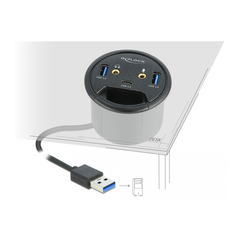 Delock 3 Port Tisch-Hub 1 x USB Type-C™ und 2 x USB Typ-A + HD-Audio Ports