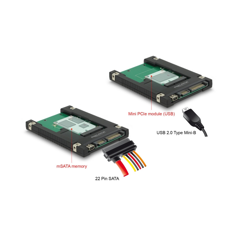 Delock 2.5″ Konverter SATA 22 Pin / USB 2.0 Typ Mini-B - 1 x mSATA / Mini PCIe Slot