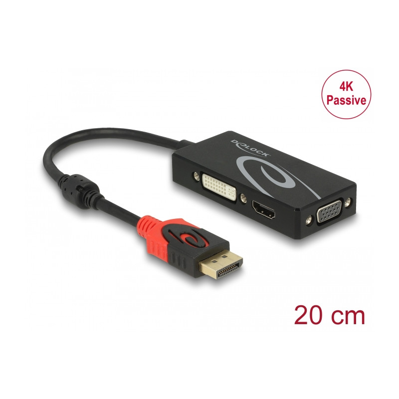Delock Adapter DisplayPort 1.2 Stecker - VGA / HDMI / DVI Buchse 4K Passiv schwarz