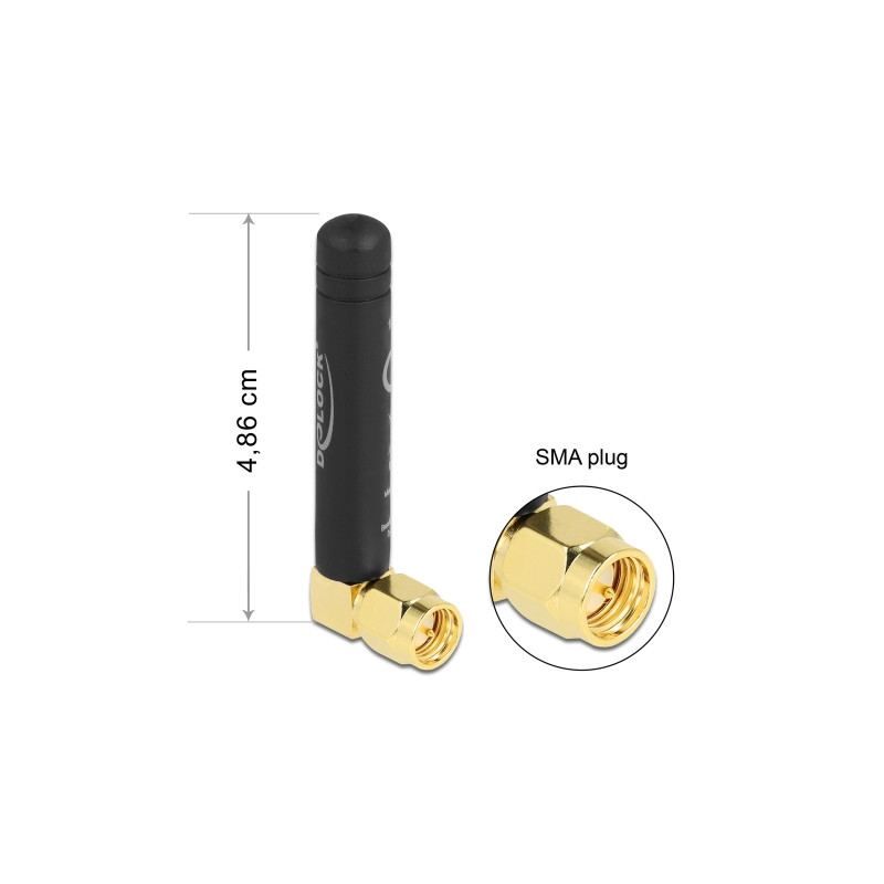 Delock LPWAN 868 MHz Antenne SMA Stecker 90° 1,6 dBi omnidirektional starr schwarz