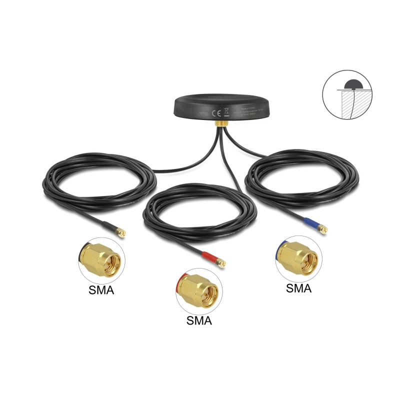 Delock Multiband LTE-MIMO UMTS GSM GNSS Antenne 3 x SMA Stecker omnidirektional Dachmontage schwarz outdoor