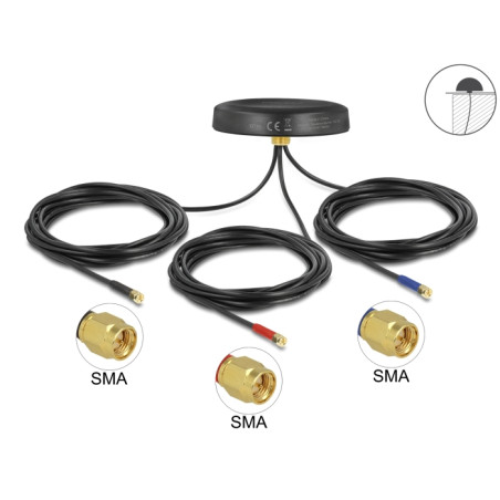 Delock Multiband LTE-MIMO UMTS GSM GNSS Antenne 3 x SMA Stecker omnidirektional Dachmontage schwarz outdoor
