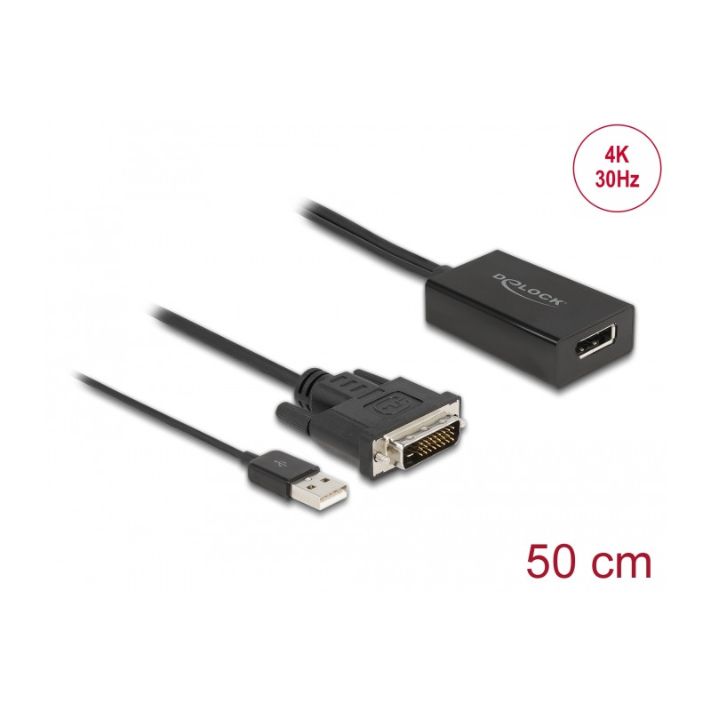 Delock Adapter DVI Stecker zu DisplayPort 1.2 Buchse schwarz 4K mit HDR Funktion 50 cm