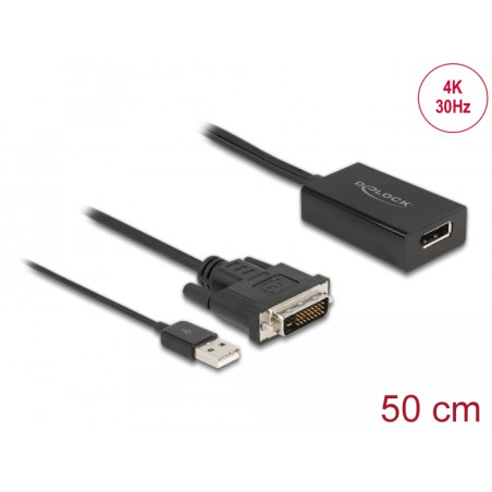 Delock Adapter DVI Stecker zu DisplayPort 1.2 Buchse schwarz 4K mit HDR Funktion 50 cm
