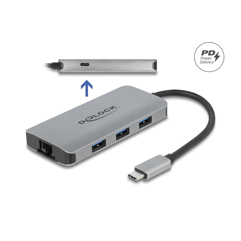 Delock USB 3.2 Gen 1 Hub mit 4 Ports und Gigabit LAN und PD