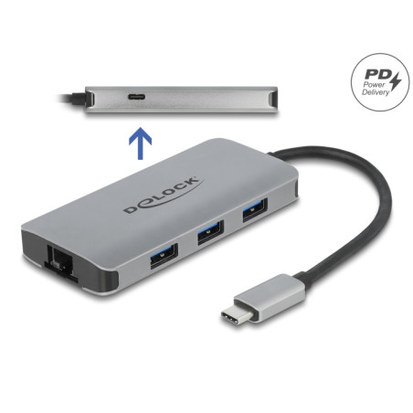Delock USB 3.2 Gen 1 Hub mit 4 Ports und Gigabit LAN und PD