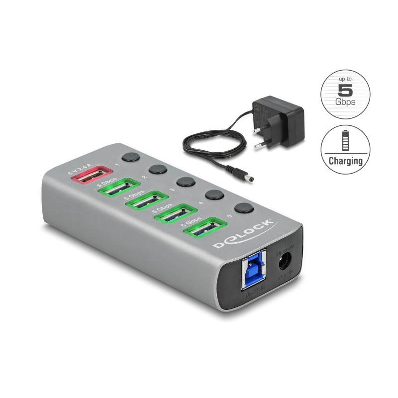 Delock USB 5 Gbps Hub mit 4 Ports + 1 Schnellladeport mit Schalter und Beleuchtung