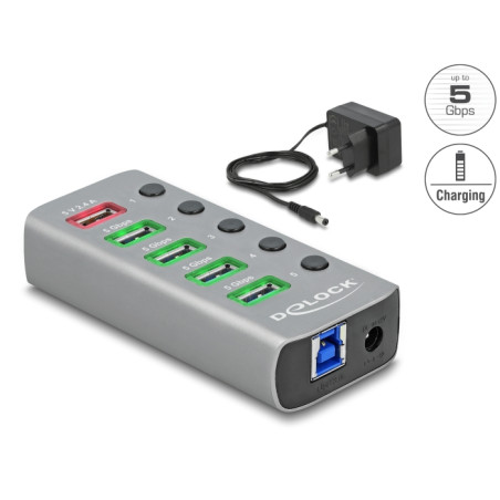 Delock USB 5 Gbps Hub mit 4 Ports + 1 Schnellladeport mit Schalter und Beleuchtung