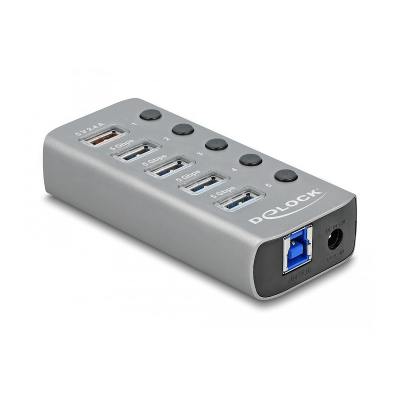 Delock USB 5 Gbps Hub mit 4 Ports + 1 Schnellladeport mit Schalter und Beleuchtung