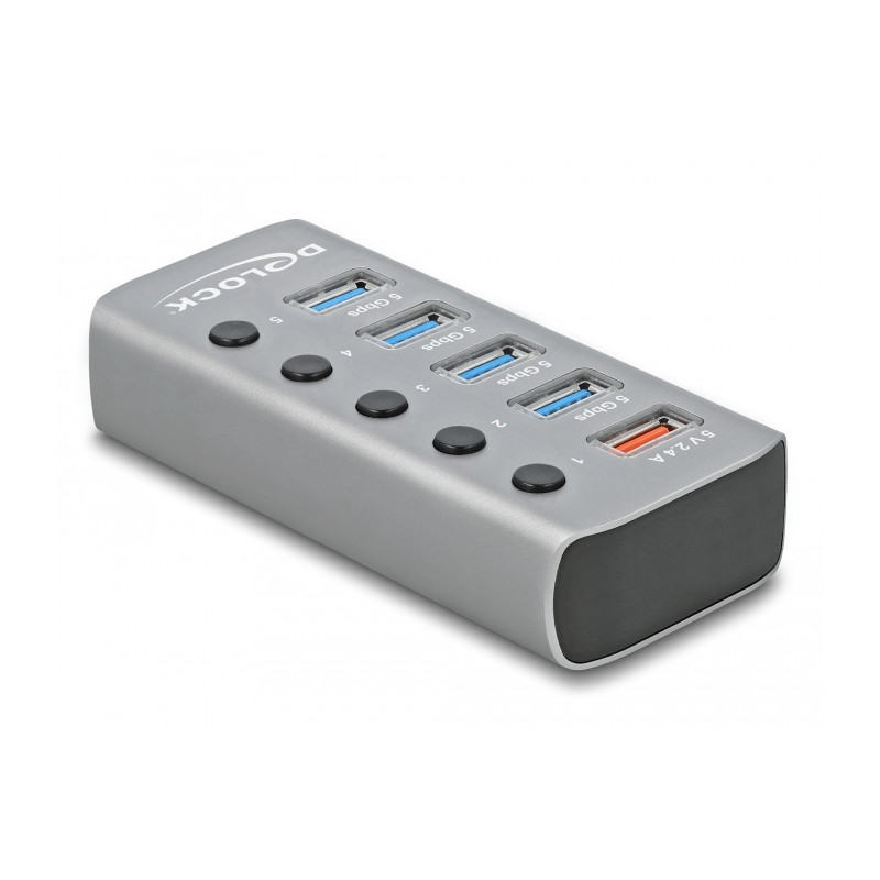 Delock USB 5 Gbps Hub mit 4 Ports + 1 Schnellladeport mit Schalter und Beleuchtung