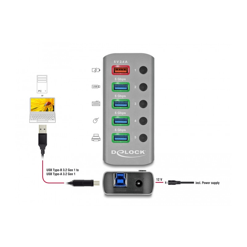 Delock USB 5 Gbps Hub mit 4 Ports + 1 Schnellladeport mit Schalter und Beleuchtung
