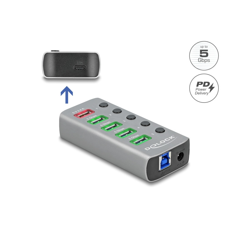 Delock USB 5 Gbps Hub mit 4 Ports + 1 Schnellladeport + 1 USB-C™ PD 3.0 Port mit Schalter und Beleuchtung