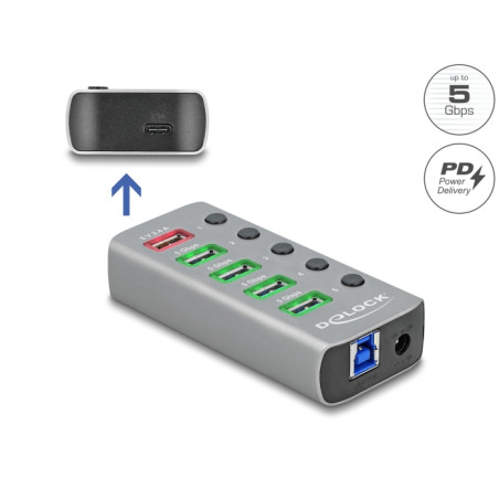 Delock USB 5 Gbps Hub mit 4 Ports + 1 Schnellladeport + 1 USB-C™ PD 3.0 Port mit Schalter und Beleuchtung