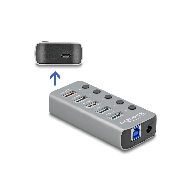 Delock USB 5 Gbps Hub mit 4 Ports + 1 Schnellladeport + 1 USB-C™ PD 3.0 Port mit Schalter und Beleuchtung
