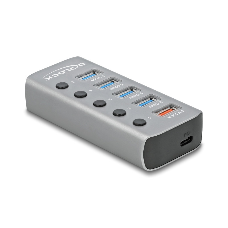 Delock USB 5 Gbps Hub mit 4 Ports + 1 Schnellladeport + 1 USB-C™ PD 3.0 Port mit Schalter und Beleuchtung