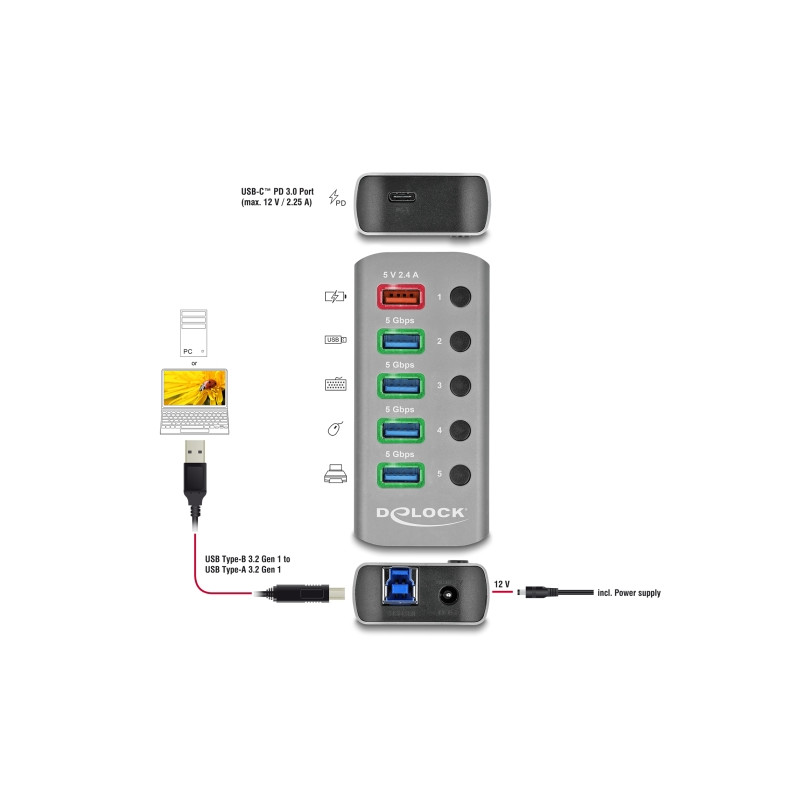 Delock USB 5 Gbps Hub mit 4 Ports + 1 Schnellladeport + 1 USB-C™ PD 3.0 Port mit Schalter und Beleuchtung