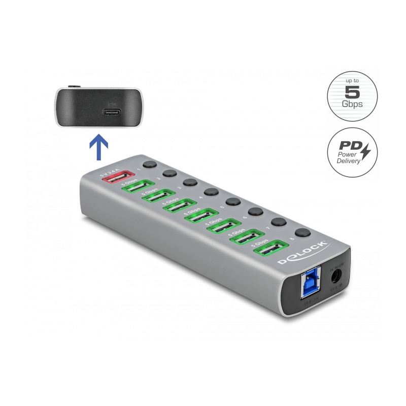 Delock USB 5 Gbps Hub mit 7 Ports + 1 Schnellladeport + 1 USB-C™ PD 3.0 Port mit Schalter und Beleuchtung