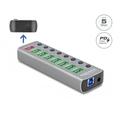 Delock USB 5 Gbps Hub mit 7 Ports + 1 Schnellladeport + 1 USB-C™ PD 3.0 Port mit Schalter und Beleuchtung