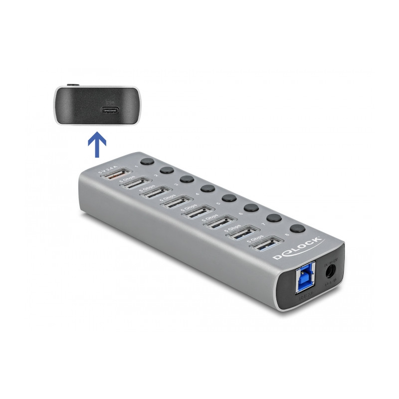 Delock USB 5 Gbps Hub mit 7 Ports + 1 Schnellladeport + 1 USB-C™ PD 3.0 Port mit Schalter und Beleuchtung