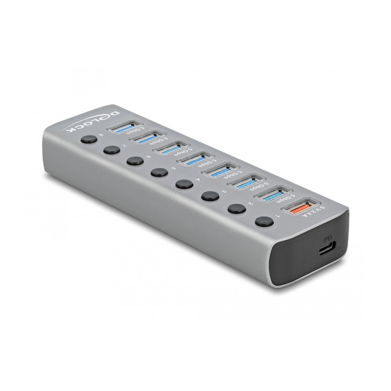 Delock USB 5 Gbps Hub mit 7 Ports + 1 Schnellladeport + 1 USB-C™ PD 3.0 Port mit Schalter und Beleuchtung