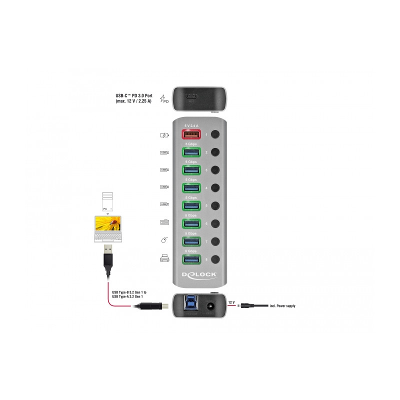 Delock USB 5 Gbps Hub mit 7 Ports + 1 Schnellladeport + 1 USB-C™ PD 3.0 Port mit Schalter und Beleuchtung