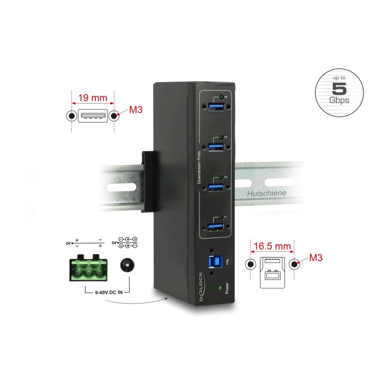Delock Externer Industrie Hub 4 x USB 5 Gbps Typ-A mit 20 kV ESD Schutz
