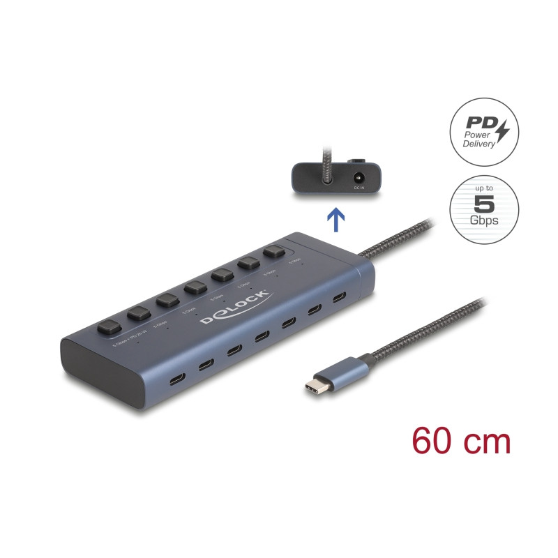 Delock USB 5 Gbps Hub mit 7 USB Type-C™ Ports mit Schalter davon 6 x Datenport + 1 x Daten und PD 20 Watt