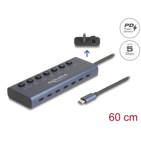 Delock USB 5 Gbps Hub mit 7 USB Type-C™ Ports mit Schalter davon 6 x Datenport + 1 x Daten und PD 20 Watt