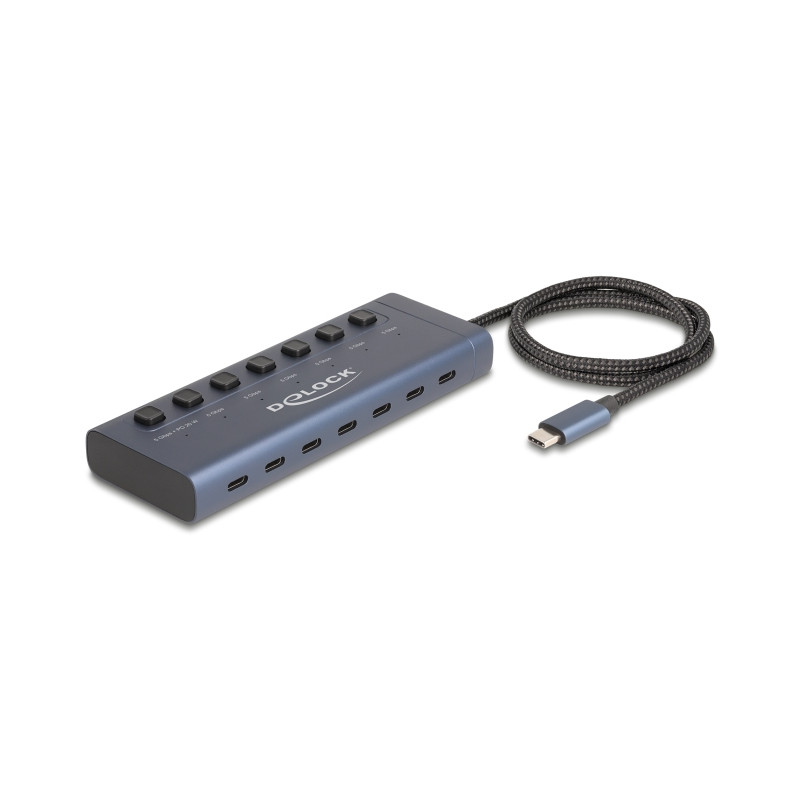 Delock USB 5 Gbps Hub mit 7 USB Type-C™ Ports mit Schalter davon 6 x Datenport + 1 x Daten und PD 20 Watt