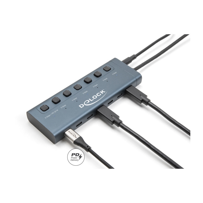 Delock USB 5 Gbps Hub mit 7 USB Type-C™ Ports mit Schalter davon 6 x Datenport + 1 x Daten und PD 20 Watt