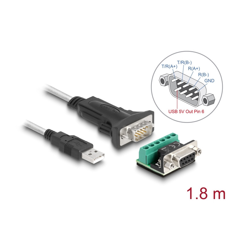 Delock Adapter USB 2.0 Typ-A zu 1 x Seriell RS-422/485 Stecker mit 6 Pin Terminalblock Adapter 5 V 1,8 m
